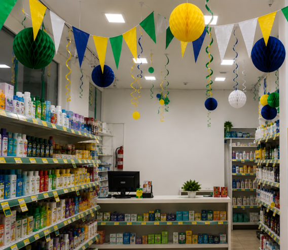 Interior de loja pequena decorada com as cores do Brasil para a Copa do Mundo, com bandeirolas, balões e comunicação visual temática.