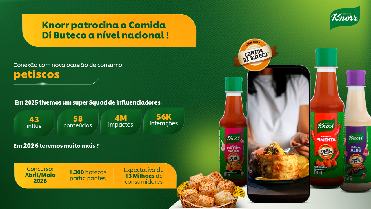 Knorr patrocina o Comida di Buteco a nível nacional: concurso de petiscos em abril e maio de 2026, com mais de 1.300 botecos participantes e alcance de 13 milhões de consumidores. Molhos Knorr com selo oficial do evento.