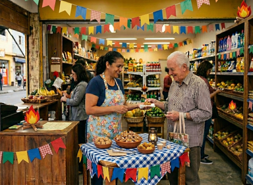 Festa junina em loja com degustação de comidas típicas, bandeirinhas coloridas e ambientação temática.