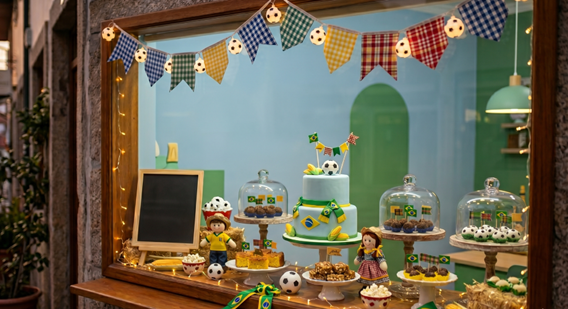 Vitrine de loja com decoração de festa junina e elementos de copa do mundo, bandeirinhas temática para atrair clientes.
