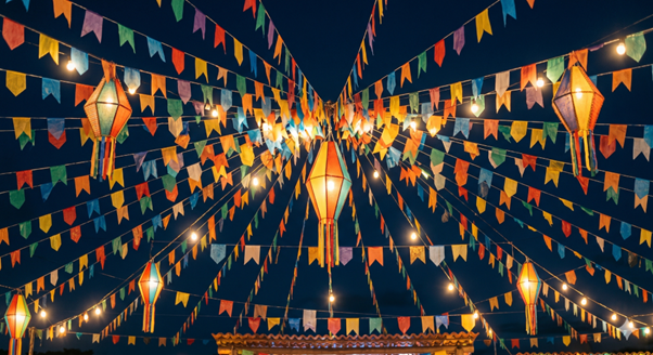 Feature image Bandeirinhas e fogueira tematica de festa junina. Ilustrando o post sobre decoração junina para loja: quais elementos não podem faltar para fazer do seu negócio um arraiá.