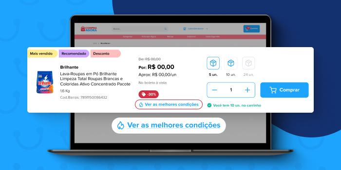 Tela do catálogo do Compra Agora exibindo produto com preço destacado, desconto aplicado e botão para visualizar as melhores condições de pagamento.