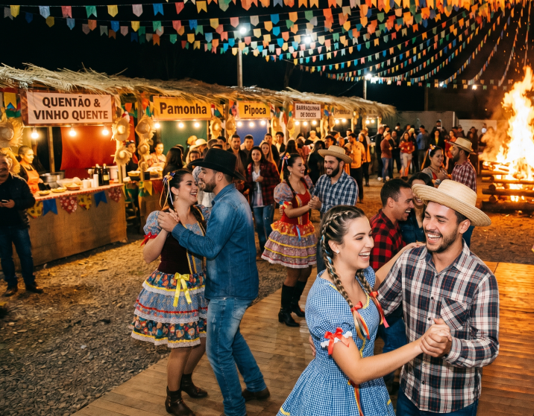 Pessoas dançando em festa junina com barracas de quentão, pamonha e pipoca, bandeirinhas coloridas e clima típico de São João. Ilustrando o conteúdo sobre Comidas típicas de Festa Junina e Festa Julina para vender mais no São João.