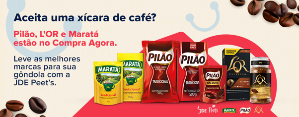 Banner do portfólio JDE Peet's prsesnte no compra agora apresentando lado a lado o Café Pilão Tradicional de 250g, o Café Instantâneo Maratá em pouch de 40g, o Café Instantâneo L'OR Classic em vidro de 84g e a caixa de Cápsulas de Café L'OR Colômbia, ilustrando o conteúdo sobre: JDE Peet's: Veja o Portfólio Líder em Café.