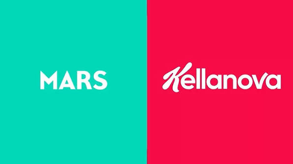 Logotipos das empresas Mars e Kellanova divididos lado a lado. Ilustrando o conteúdo: Kellanova: a força de um portfólio para fazer o seu negócio lucrar mais.