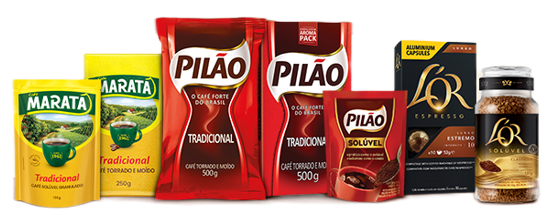 Banner do portfólio JDE Peet's no compra agora, apresentando lado a lado o Café Pilão Tradicional de 250g, o Café Instantâneo Maratá em pouch de 40g, o Café Instantâneo L'OR Classic em vidro de 84g e a caixa de Cápsulas de Café L'OR Colômbia.