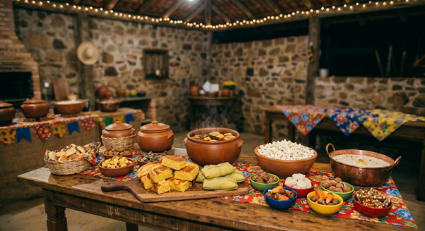  Mesa com comidas típicas de Festa Junina, incluindo canjica, milho, bolo de fubá, paçoca e outros pratos tradicionais do São João. Ilustrando o tópico sobre Comidas típicas de Festa Junina e Julina para vender mais.