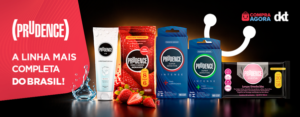 Banner da DKT e Prudence no Compra Agora, apresentando preservativos, gel lubrificante e lenços umedecidos.