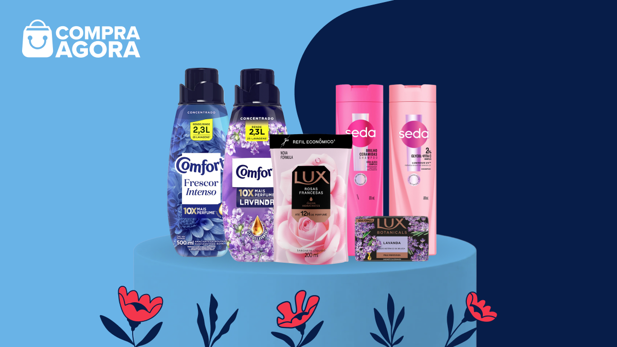 Peça promocional com produtos Comfort, Lux e Seda expostos sobre um pedestal azul. Fundo em azul-claro e azul-marinho, com flores ilustradas na base e logotipo do Compra Agora no canto superior esquerdo.