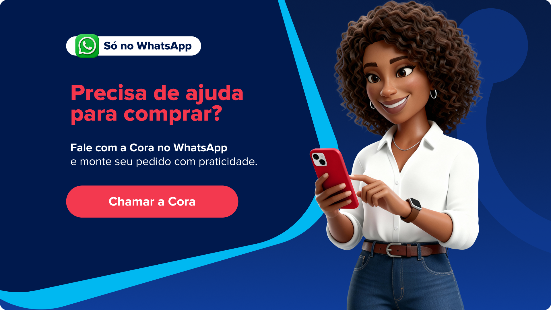 Banner da Cora no WhatsApp oferecendo ajuda para realizar pedidos no Compra Agora.