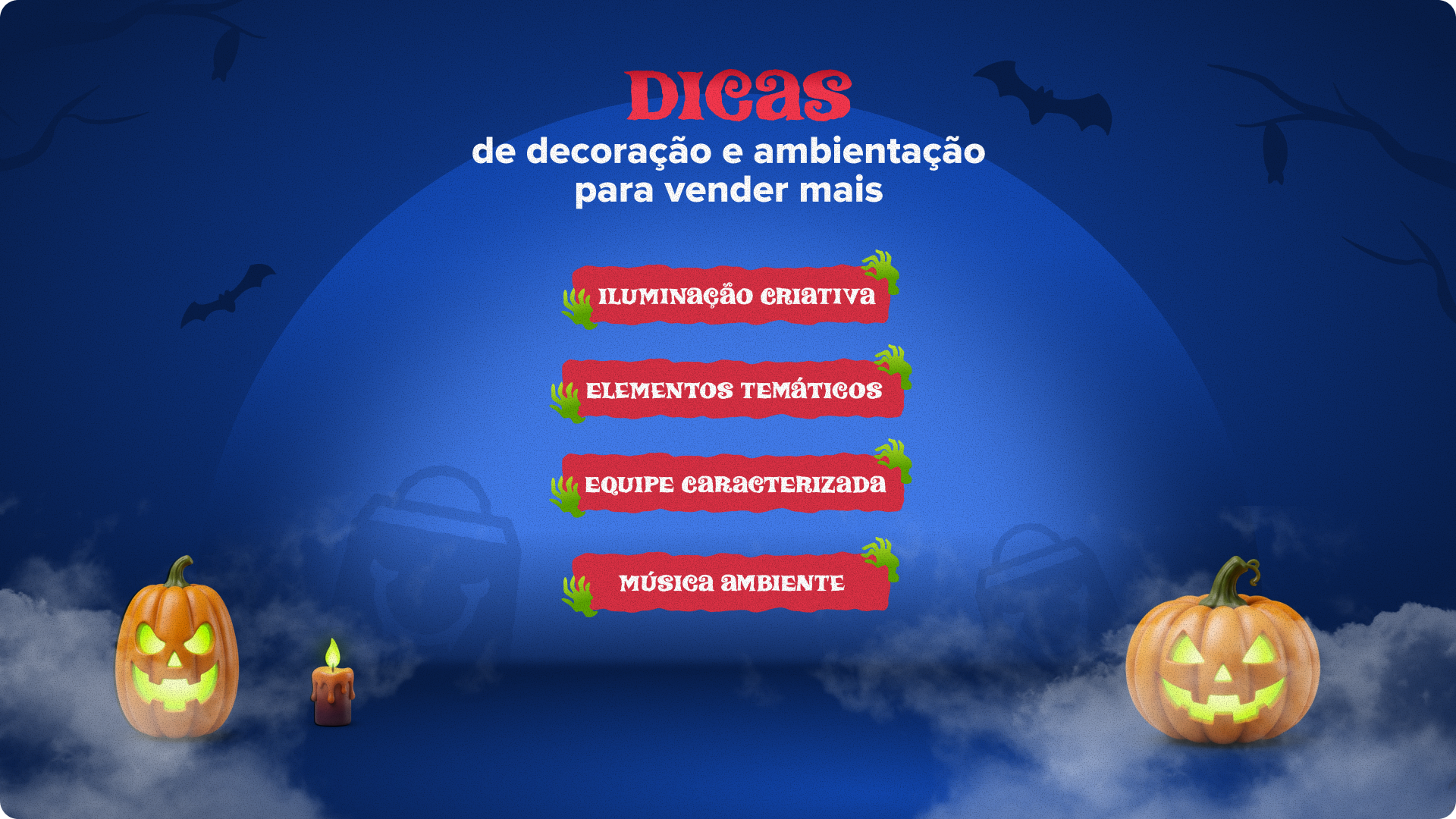 Banner de Halloween com dicas de decoração para aumentar as vendas, incluindo iluminação temática, ambientação e caracterização da equipe.