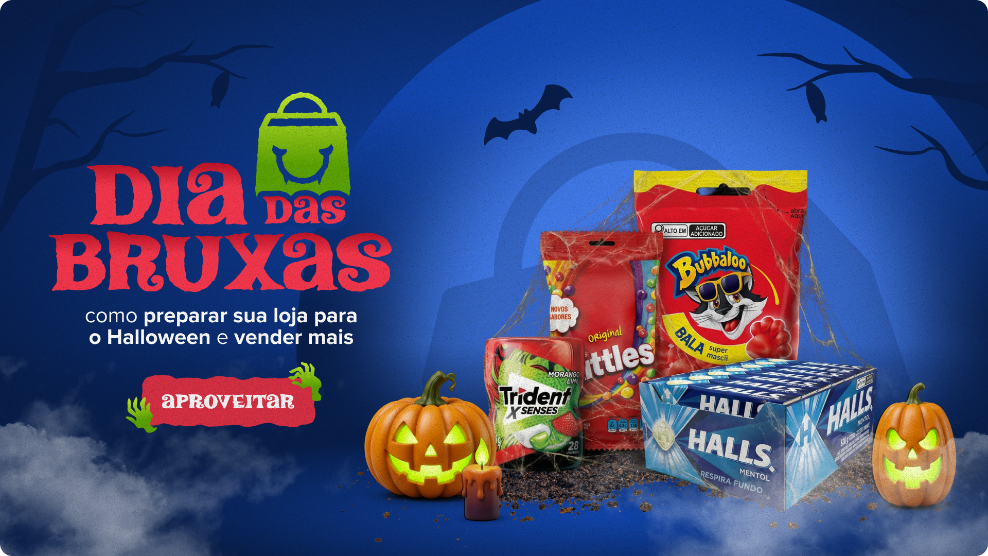 Banner sobre preparação da loja para o Halloween, com exposição de doces, chicletes e balas em cenário temático.
