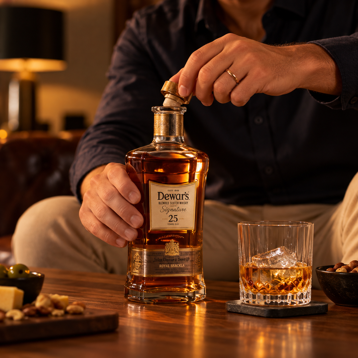 Pessoa retirando a tampa de uma garrafa de Dewar’s Signature 25 anos sobre uma mesa de madeira. Ao lado da garrafa há um copo com whisky e gelo, além de petiscos como castanhas e queijos em um ambiente de iluminação aconchegante.