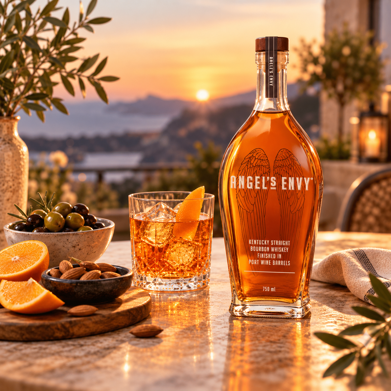 Garrafa de Angel’s Envy sobre uma mesa externa ao pôr do sol. Ao lado há um copo com whisky e gelo, fatias de laranja, amêndoas e azeitonas. Ao fundo, uma paisagem desfocada iluminada pela luz dourada do entardecer.